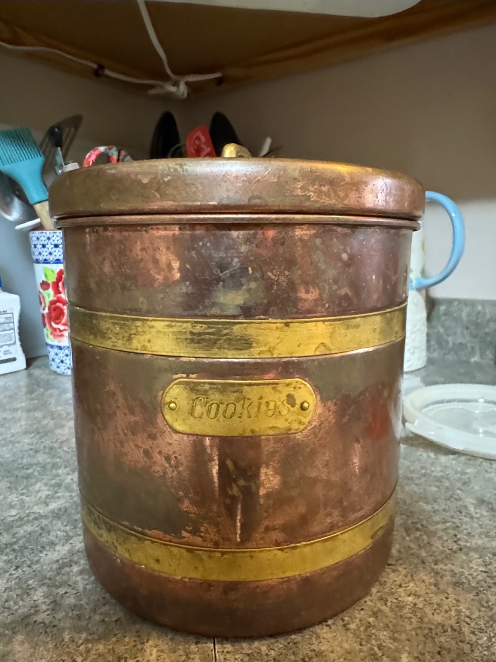 Vintage Copper and Brass Cookie Canister - Copper Color